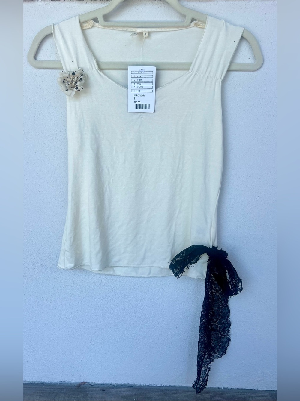Moth Cream Sleeveless Tank with Black Lace Tie and Floral Pin/Anthropologie